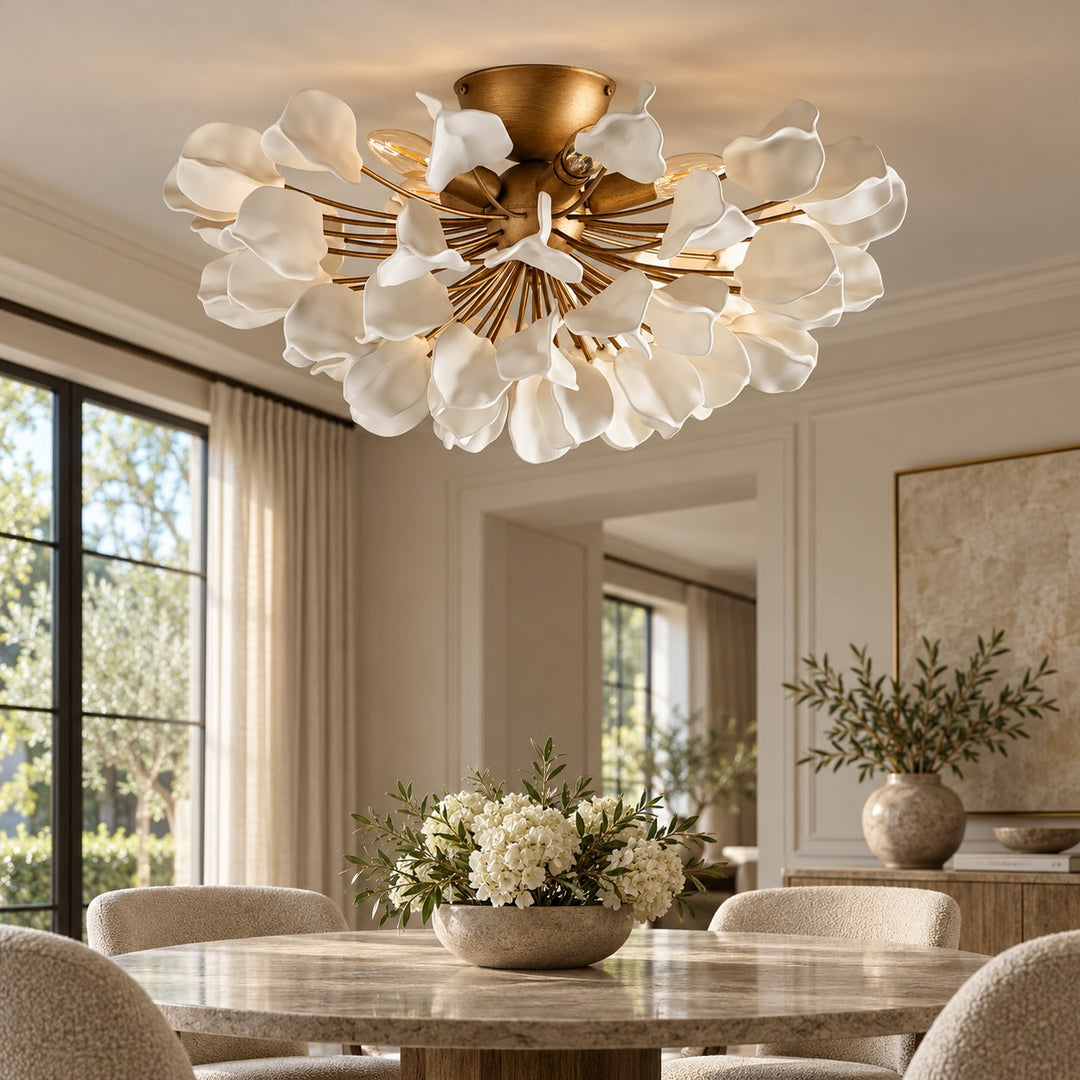 Modern Ceramic Leaf Flush Mount Ceiling Light – Brass & Ivory Botanical Chandelier