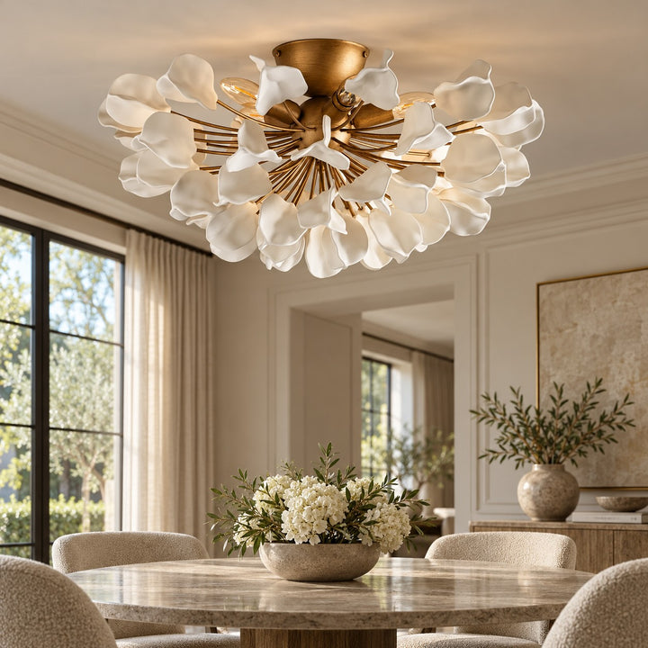 Modern Ceramic Leaf Flush Mount Ceiling Light – Brass & Ivory Botanical Chandelier