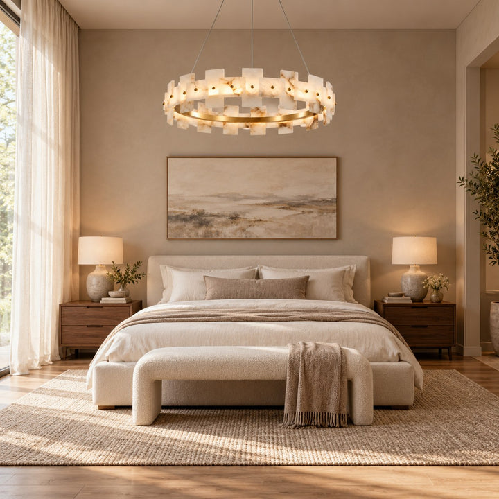 Modern Chandelier Hanging Light with Metal Frame and White Alabaster Panels Integrated LED