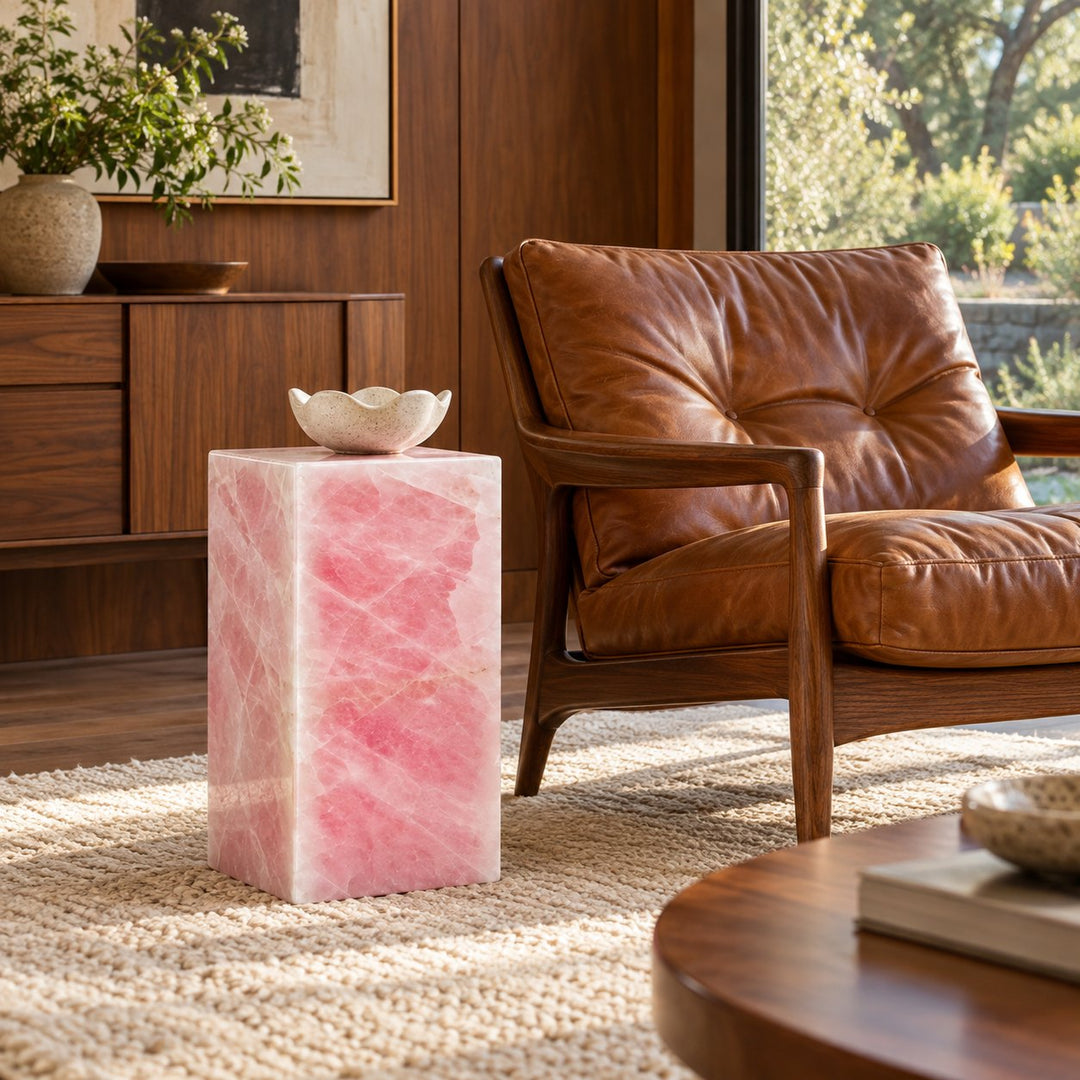 Modern Geometric Rose Quartz Marble Side Table Sculptural Accent for Living Room