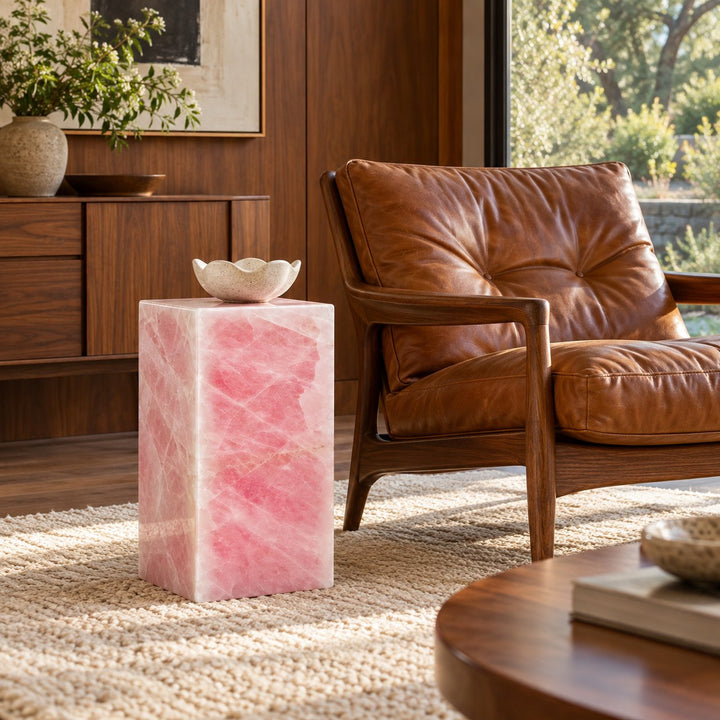 Modern Geometric Rose Quartz Marble Side Table Sculptural Accent for Living Room