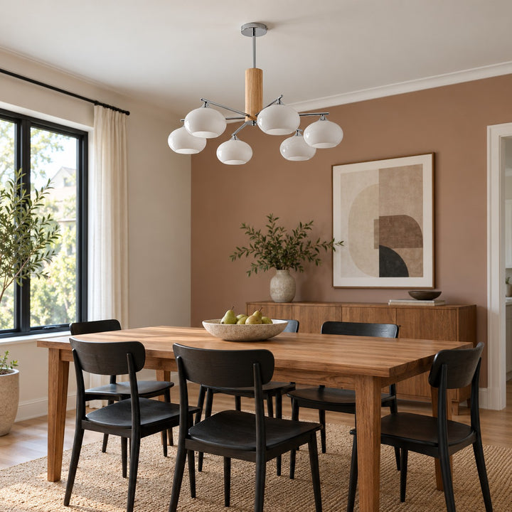 Midcentury Elliptical Chandelier Ceiling Light with Metal Frame and Glass Shade LED Compatible