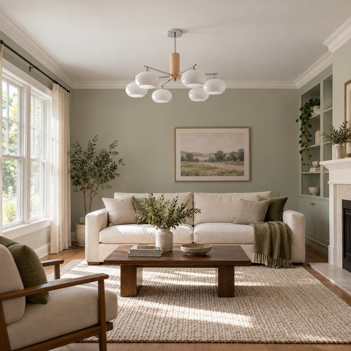 Midcentury Elliptical Chandelier Ceiling Light with Metal Frame and Glass Shade LED Compatible