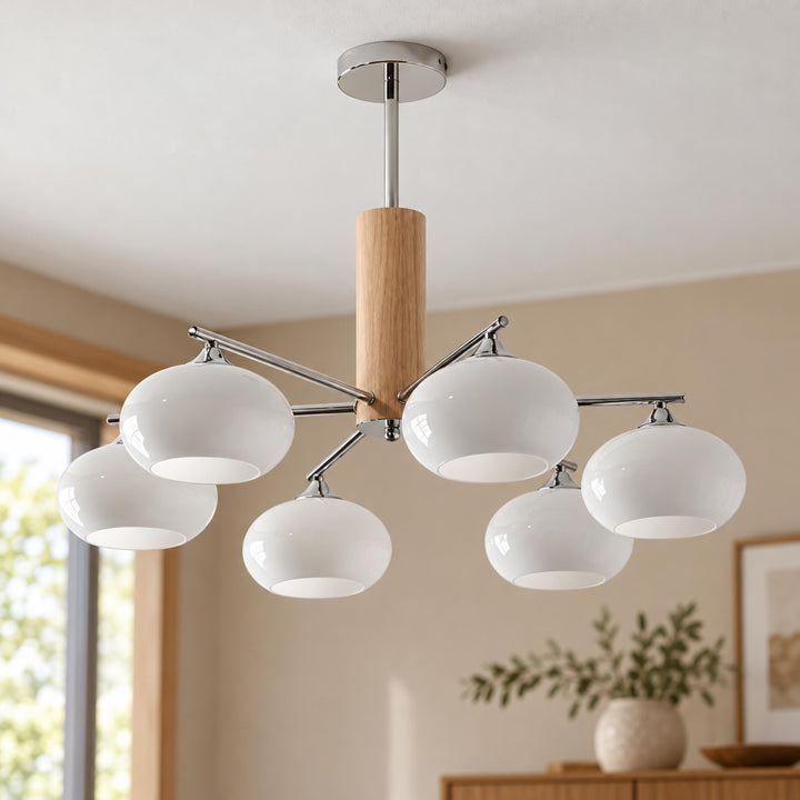 Midcentury Elliptical Chandelier Ceiling Light with Metal Frame and Glass Shade LED Compatible