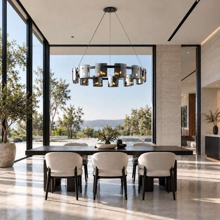 Modern Chandelier Ceiling Light Adjustable Height Metal and Glass LED Indoor Fixture