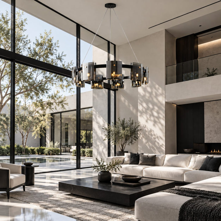 Modern Chandelier Ceiling Light Adjustable Height Metal and Glass LED Indoor Fixture