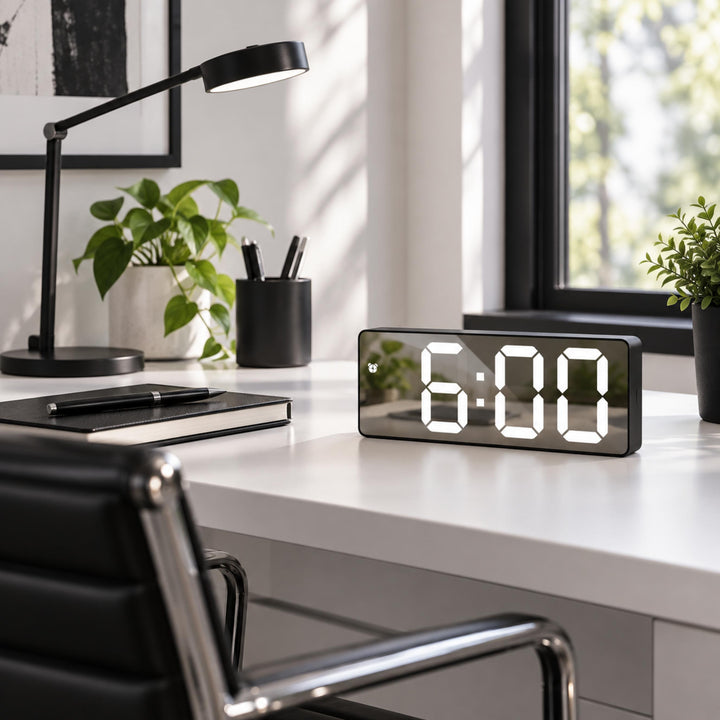 Modern Digital Alarm Clock with Curved Mirror Screen Adjustable LED Display and Temperature Feature