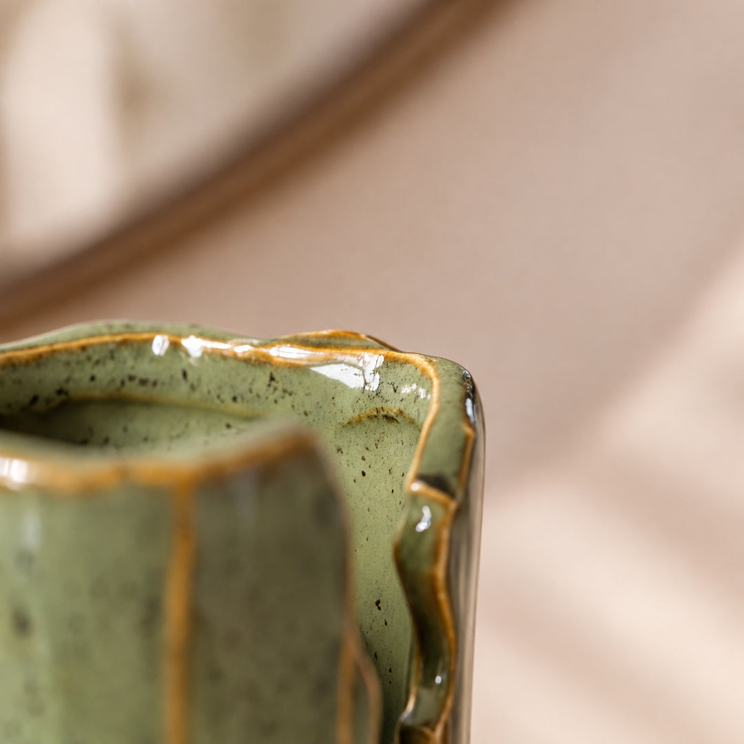 Modern Ceramic Vase Multi-Spout Design Watertight Reactive-Glaze Finish Green Artisanal Style