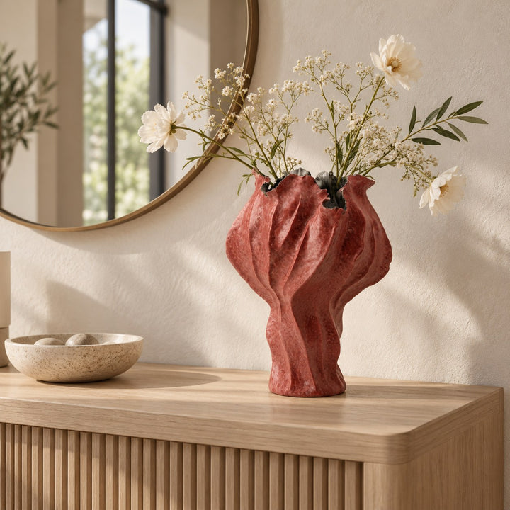 Modern Hand-Painted Ceramic Vase Tabletop Accent Red Decorative Home Decor 35cm Height