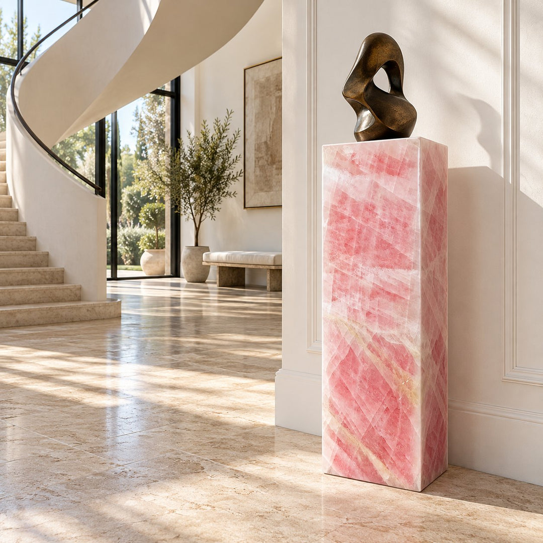 Modern Geometric Rose Quartz Marble Side Table Sculptural Accent for Living Room