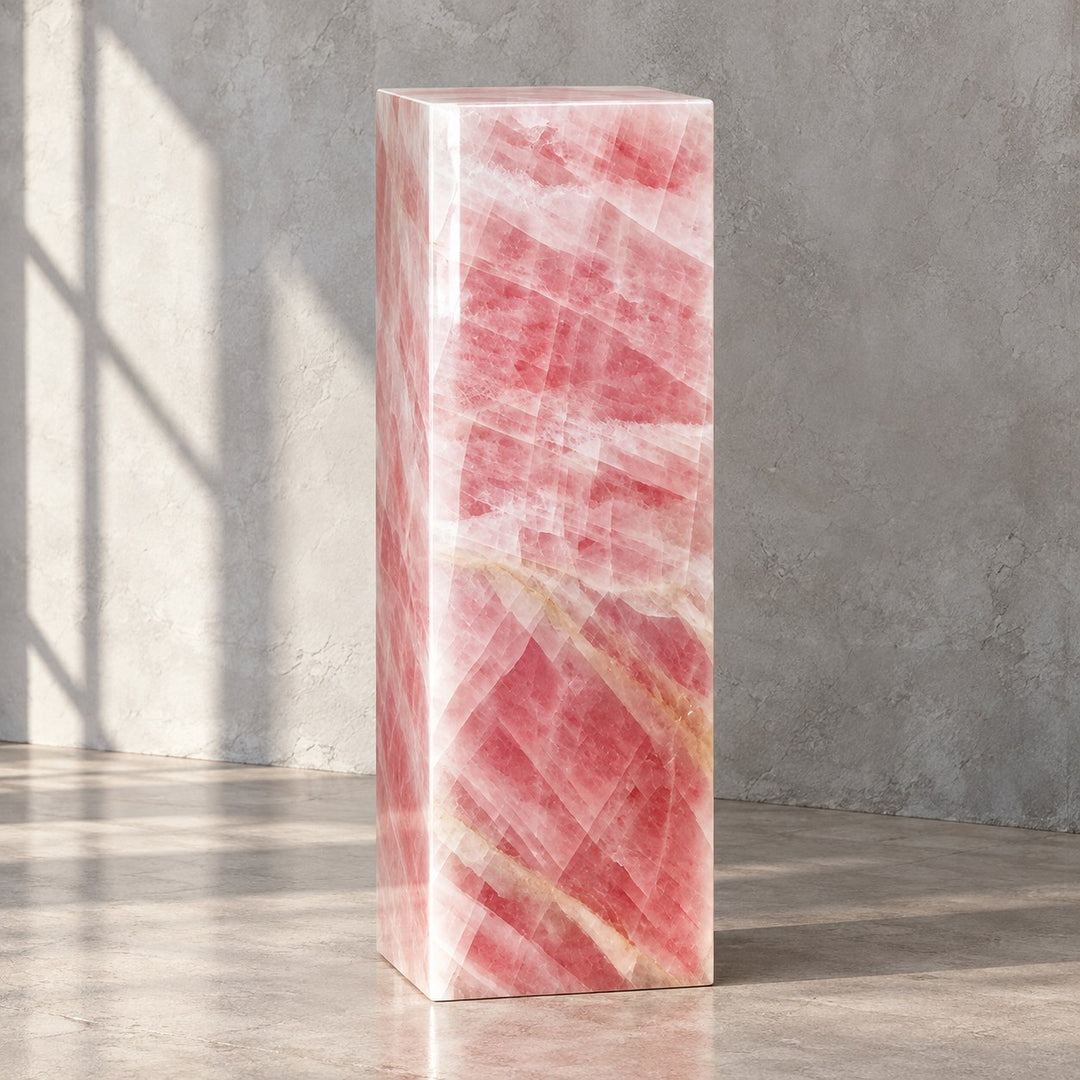 Modern Geometric Rose Quartz Marble Side Table Sculptural Accent for Living Room