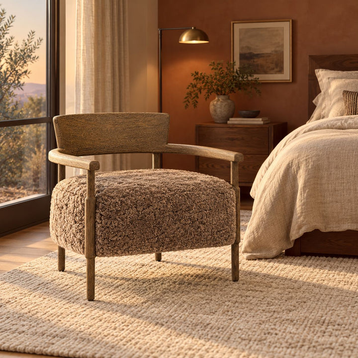 Modern Accent Chair Solid Oak Frame Thick Cushioned Seat Natural Shearling Upholstery