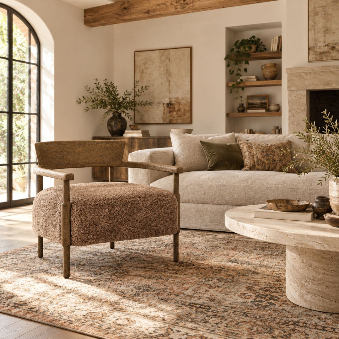 Modern Accent Chair Solid Oak Frame Thick Cushioned Seat Natural Shearling Upholstery