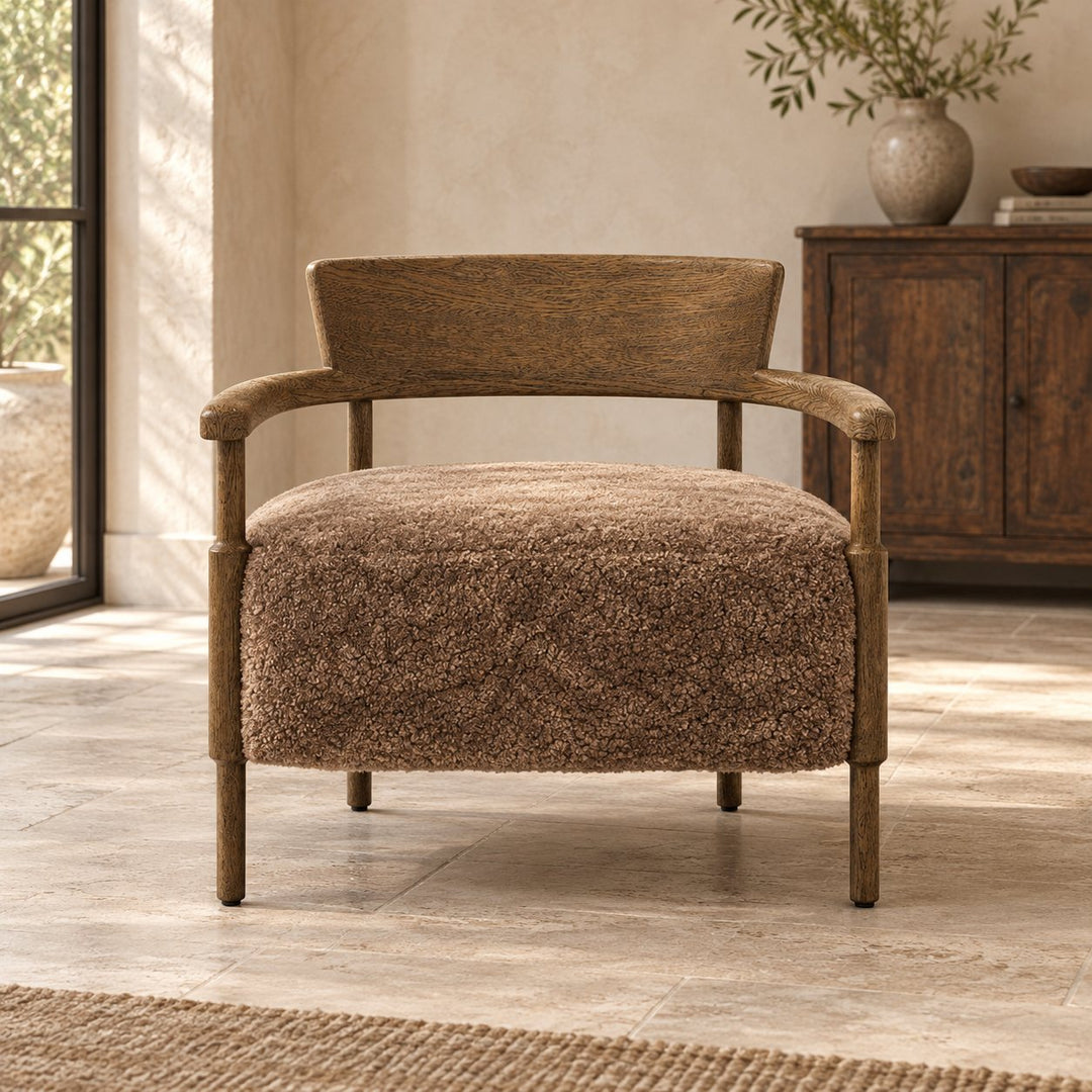 Modern Accent Chair Solid Oak Frame Thick Cushioned Seat Natural Shearling Upholstery