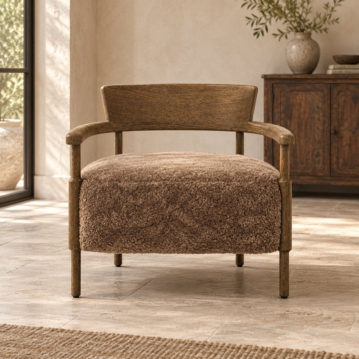 Modern Accent Chair Solid Oak Frame Thick Cushioned Seat Natural Shearling Upholstery