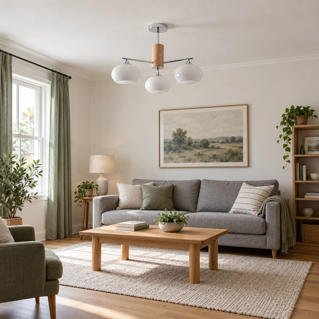 Midcentury Elliptical Chandelier Ceiling Light with Metal Frame and Glass Shade LED Compatible