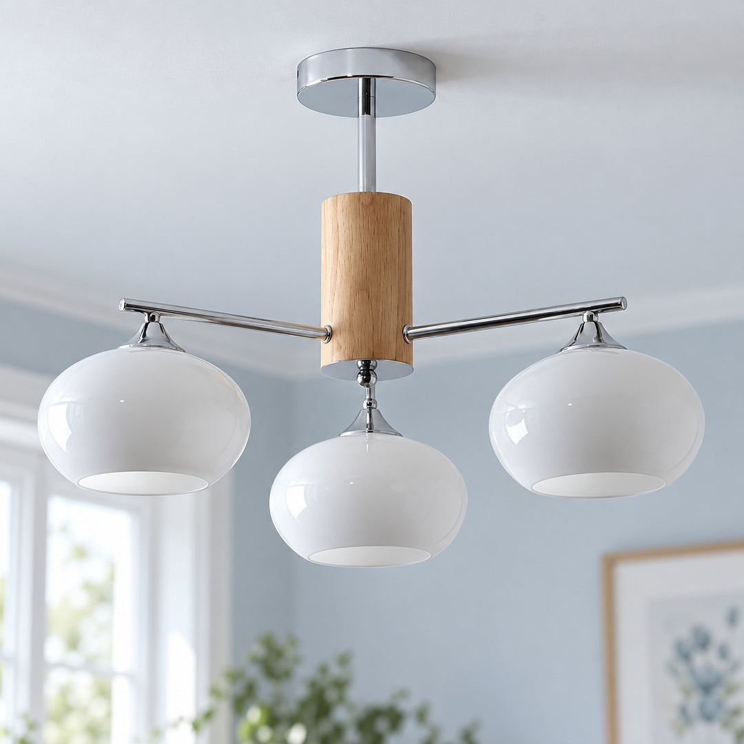 Midcentury Elliptical Chandelier Ceiling Light with Metal Frame and Glass Shade LED Compatible