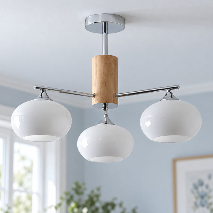 Midcentury Elliptical Chandelier Ceiling Light with Metal Frame and Glass Shade LED Compatible