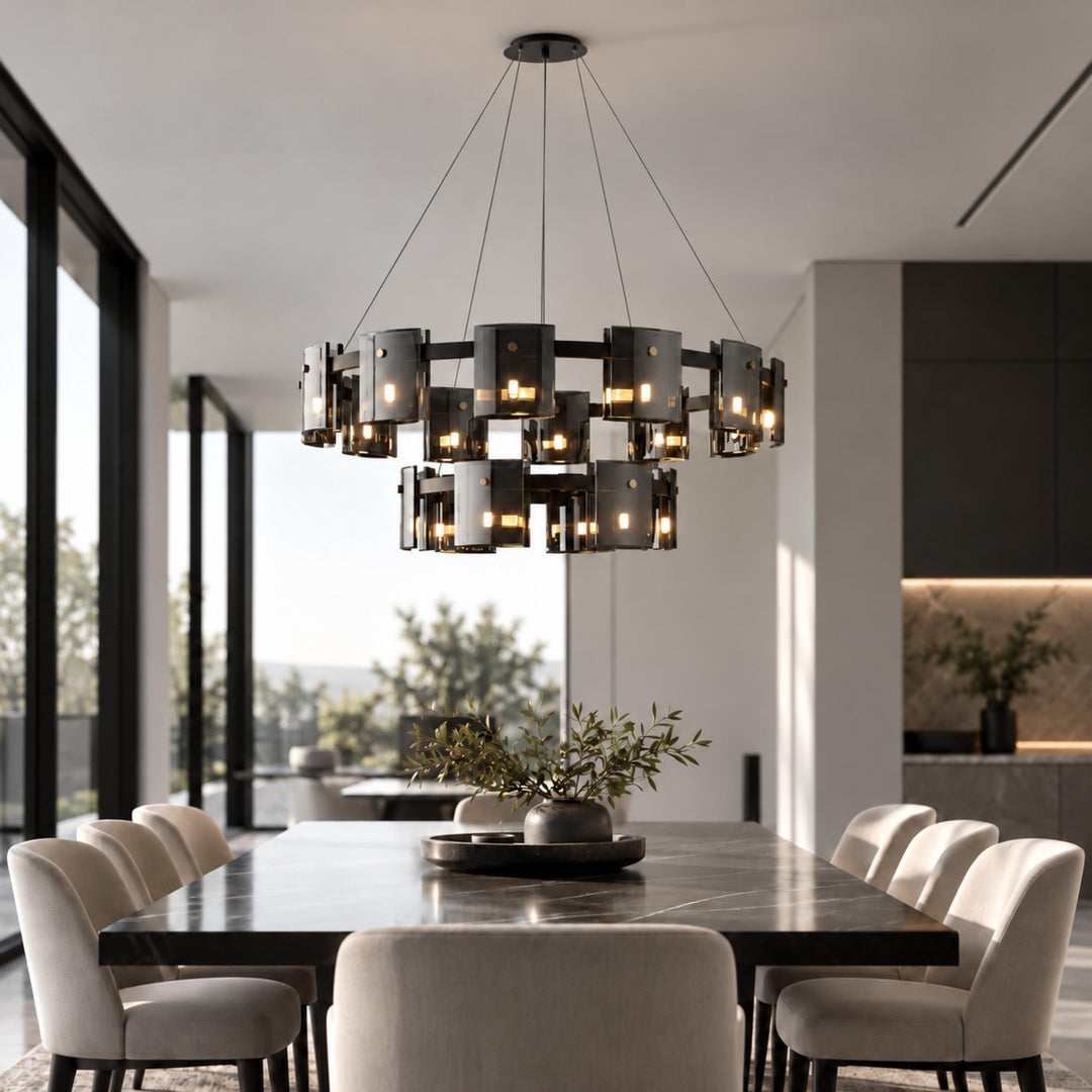 Modern Chandelier Ceiling Light Adjustable Height Metal and Glass LED Indoor Fixture