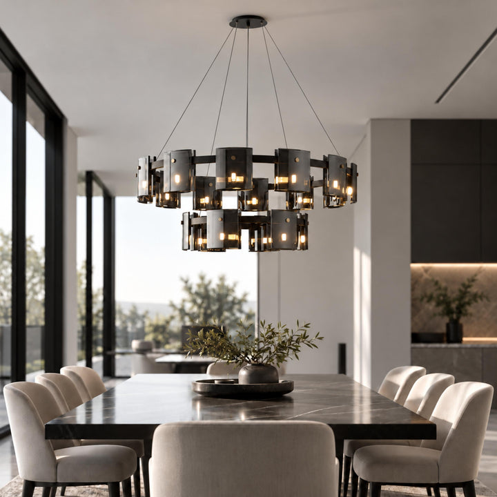 Modern Chandelier Ceiling Light Adjustable Height Metal and Glass LED Indoor Fixture