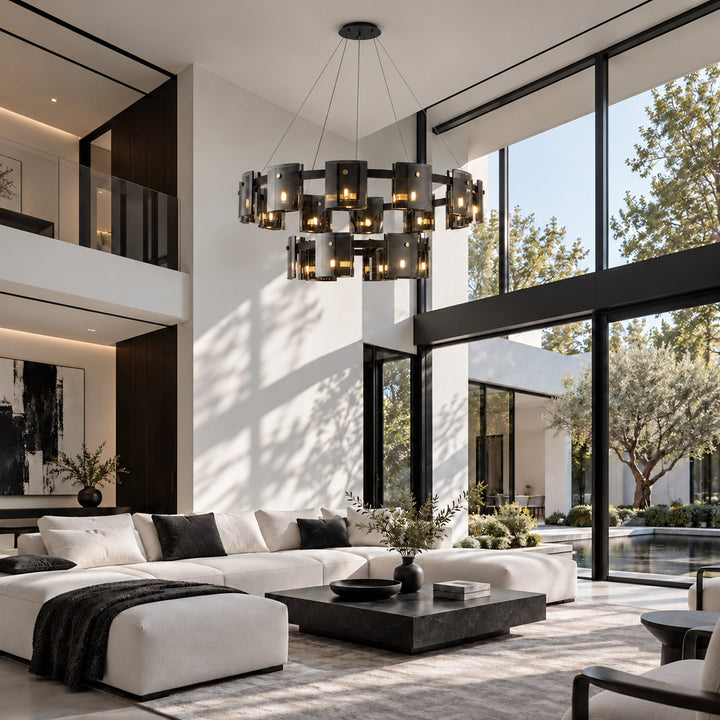 Modern Chandelier Ceiling Light Adjustable Height Metal and Glass LED Indoor Fixture