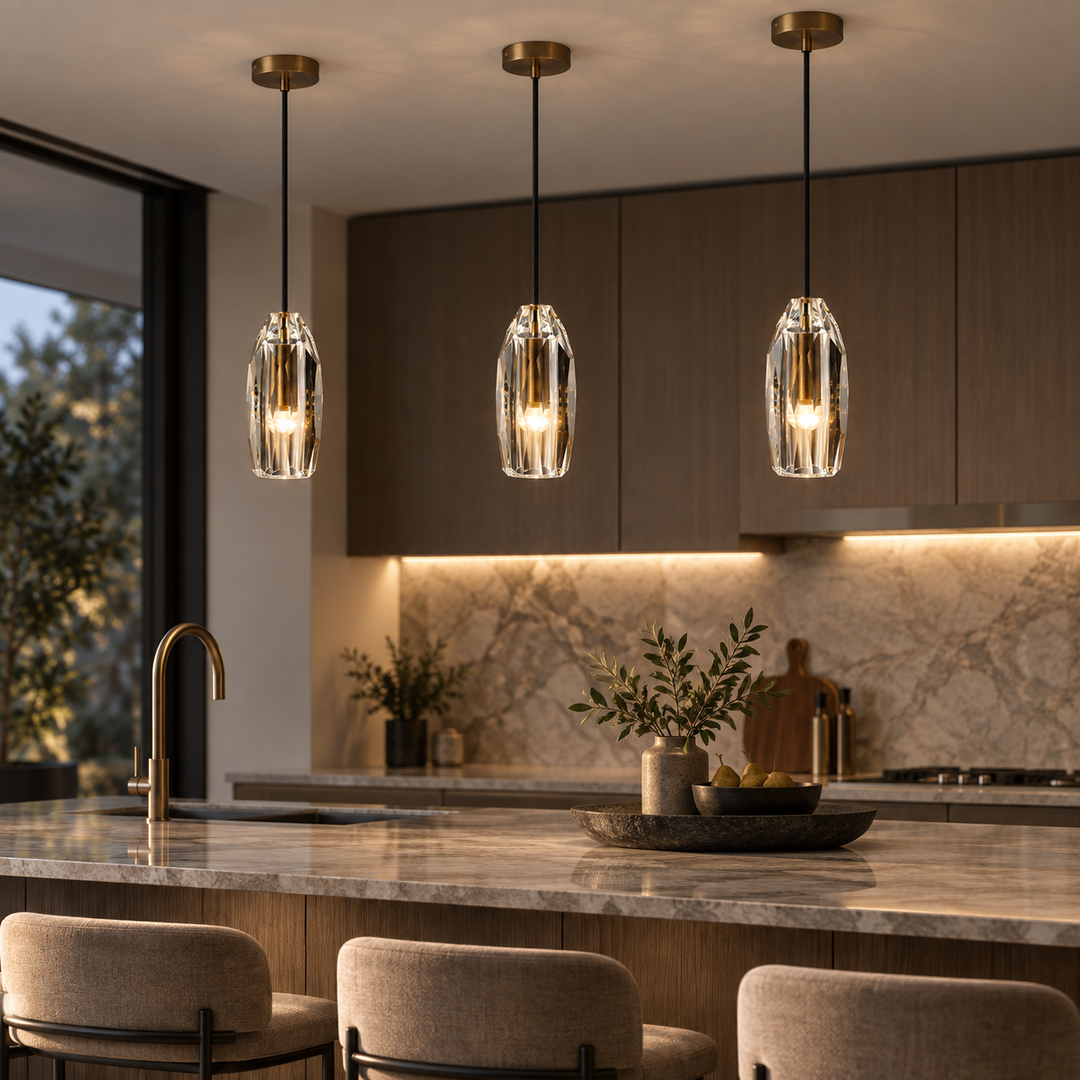 Modern Faceted Crystal Pendant Light with Antique Brass Finish – G4 Hanging Ceiling Light