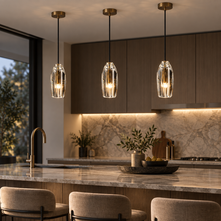 Modern Faceted Crystal Pendant Light with Antique Brass Finish – G4 Hanging Ceiling Light