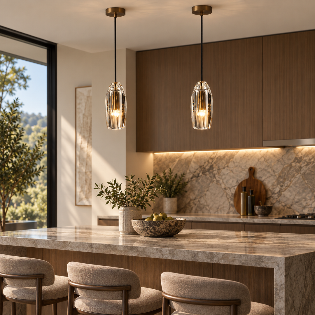 Modern Faceted Crystal Pendant Light with Antique Brass Finish – G4 Hanging Ceiling Light