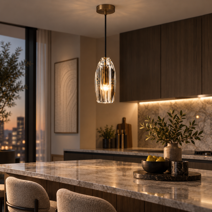Modern Faceted Crystal Pendant Light with Antique Brass Finish – G4 Hanging Ceiling Light