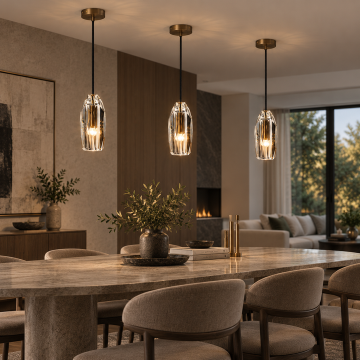 Modern Faceted Crystal Pendant Light with Antique Brass Finish – G4 Hanging Ceiling Light