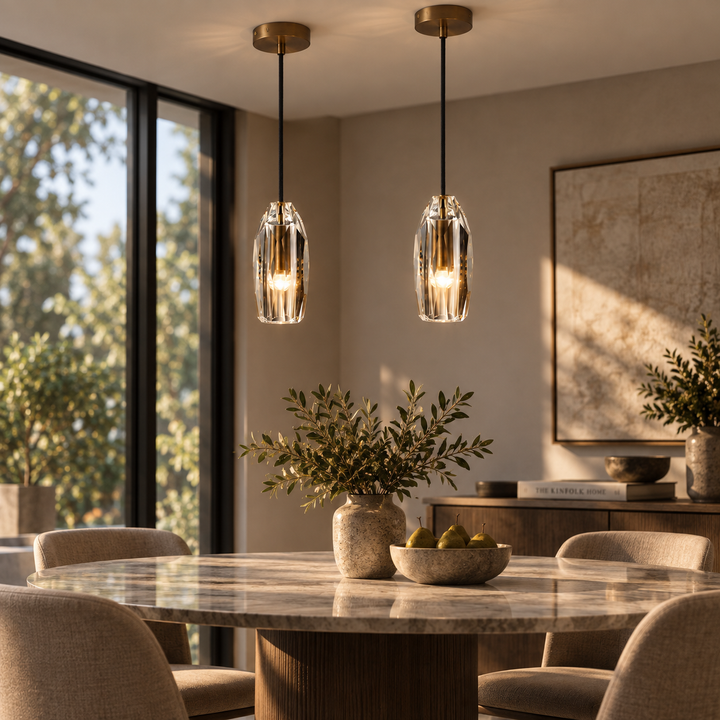 Modern Faceted Crystal Pendant Light with Antique Brass Finish – G4 Hanging Ceiling Light