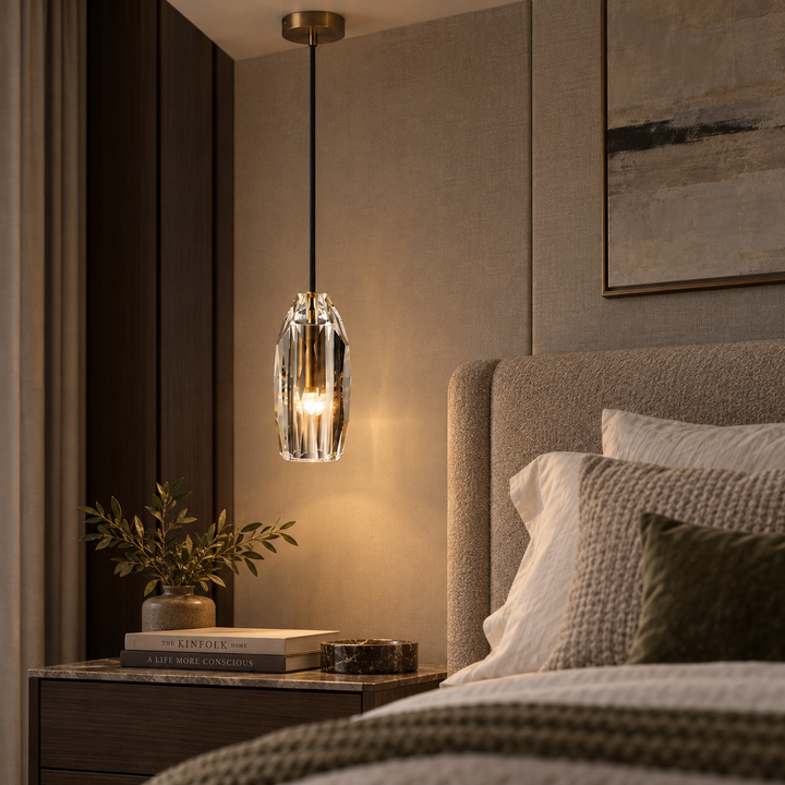 Modern Faceted Crystal Pendant Light with Antique Brass Finish – G4 Hanging Ceiling Light