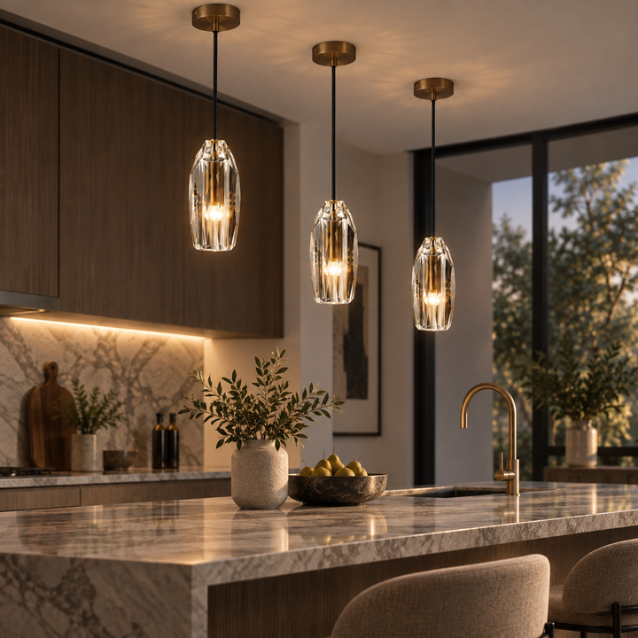 Modern Faceted Crystal Pendant Light with Antique Brass Finish – G4 Hanging Ceiling Light