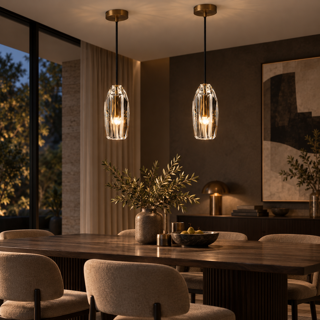 Modern Faceted Crystal Pendant Light with Antique Brass Finish – G4 Hanging Ceiling Light