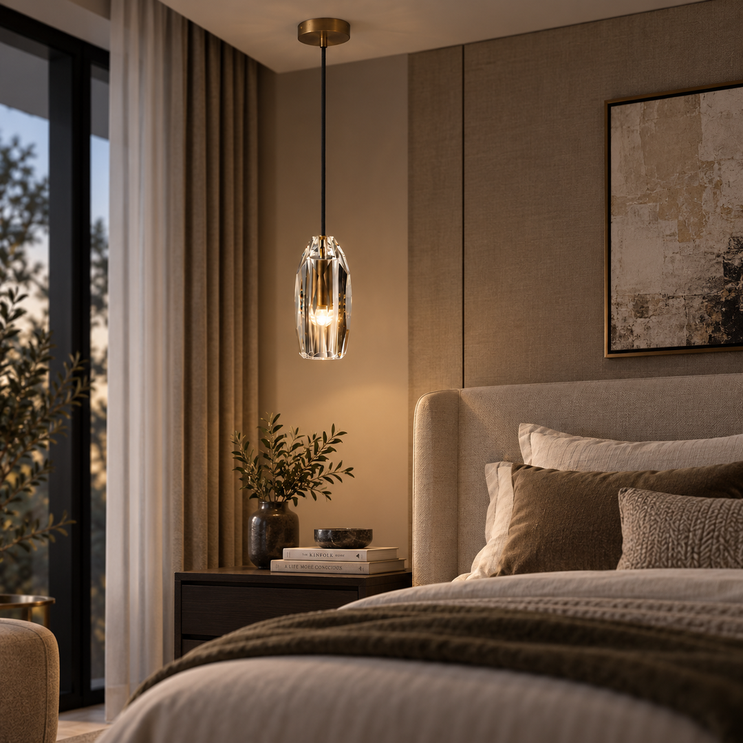 Modern Faceted Crystal Pendant Light with Antique Brass Finish – G4 Hanging Ceiling Light