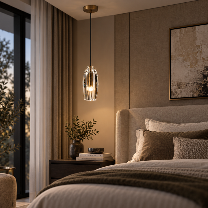 Modern Faceted Crystal Pendant Light with Antique Brass Finish – G4 Hanging Ceiling Light