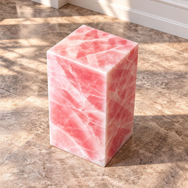 Modern Geometric Rose Quartz Marble Side Table Sculptural Accent for Living Room
