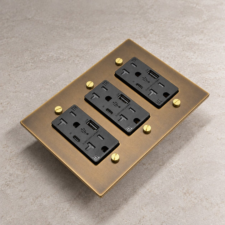 Solid Brass 20A Electrical Outlet with USB-A & USB-C – 1–4 Gang