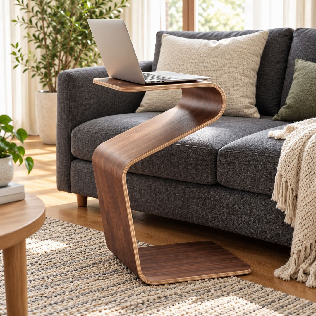 Modern Minimalist Side Table Solid Pine Wood N-Shape Design with Open Shelf for Small Spaces