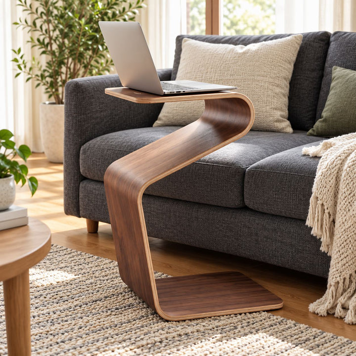 Modern Minimalist Side Table Solid Pine Wood N-Shape Design with Open Shelf for Small Spaces