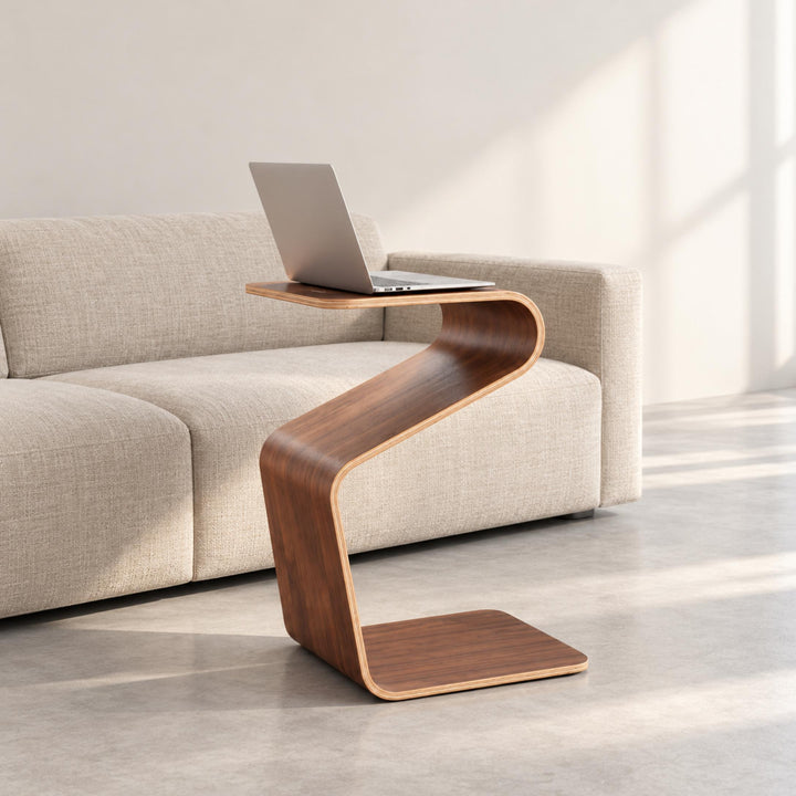 Modern Minimalist Side Table Solid Pine Wood N-Shape Design with Open Shelf for Small Spaces