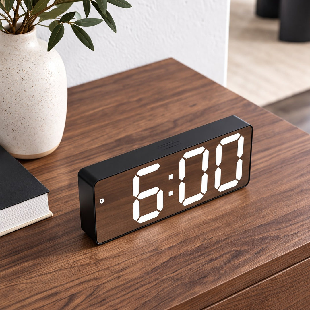 Modern Digital Alarm Clock with Curved Mirror Screen Adjustable LED Display and Temperature Feature