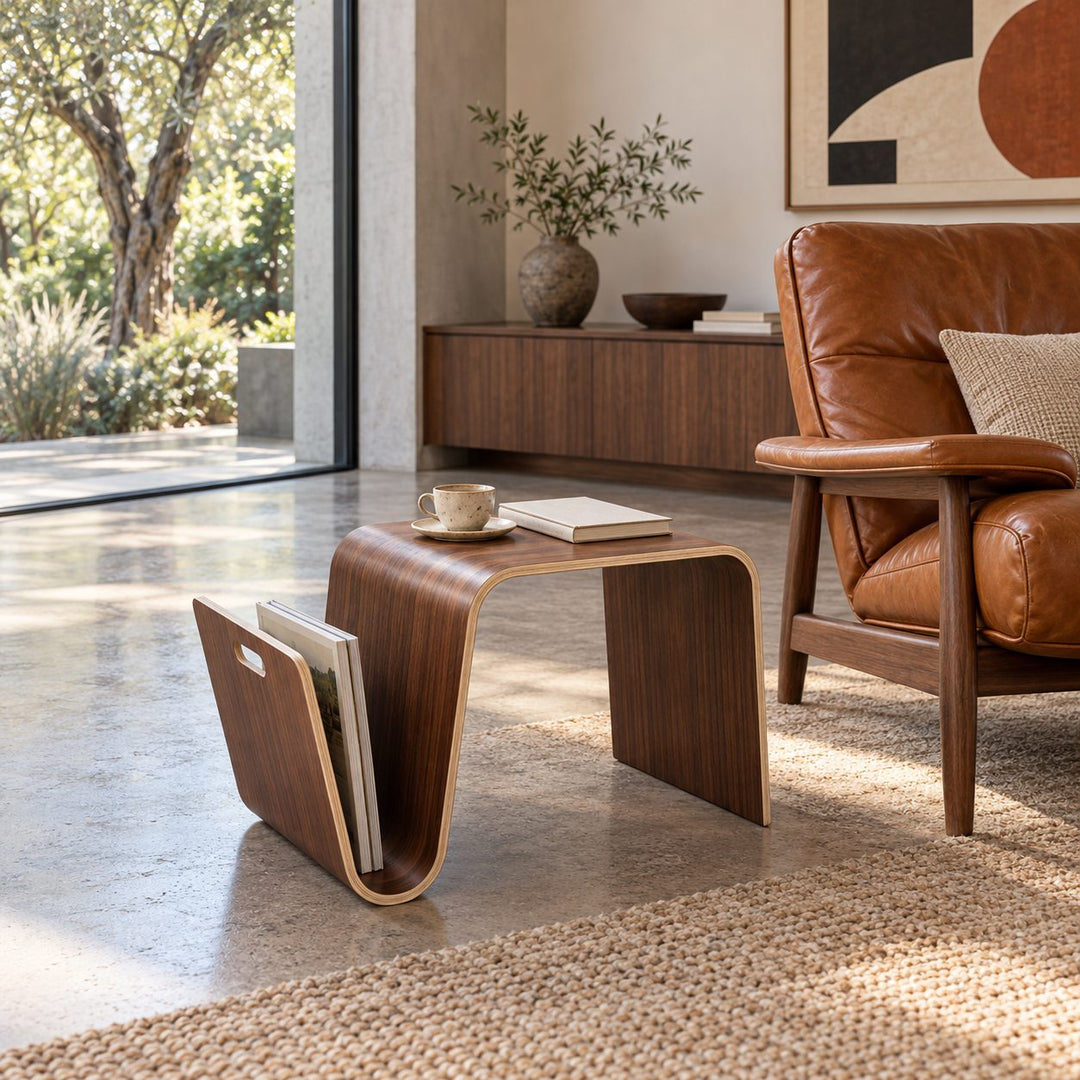 Modern Minimalist Side Table Solid Pine Wood N-Shape Design with Open Shelf for Small Spaces