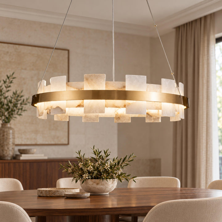 Modern Chandelier Hanging Light with Metal Frame and White Alabaster Panels Integrated LED