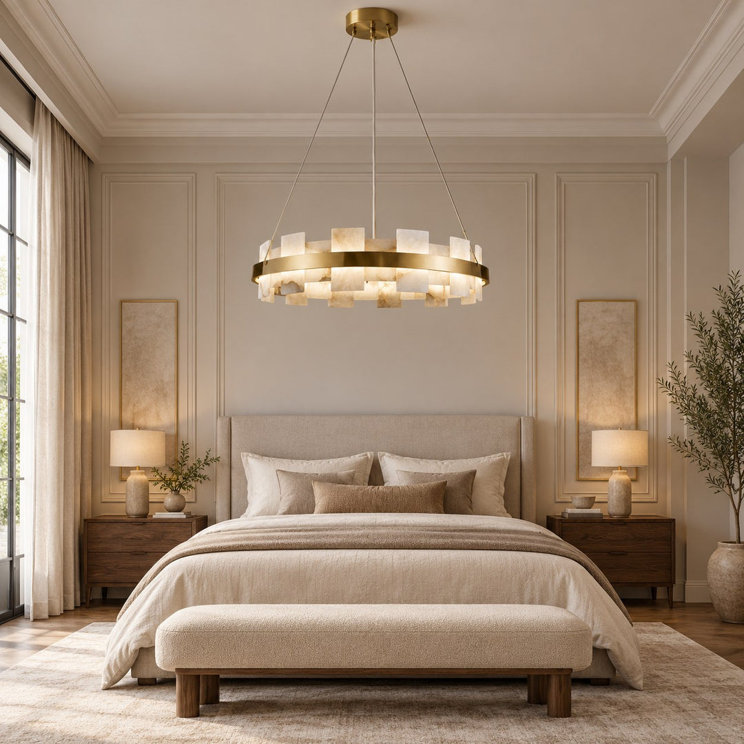 Modern Chandelier Hanging Light with Metal Frame and White Alabaster Panels Integrated LED