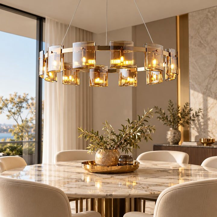 Modern Chandelier Ceiling Light Adjustable Height Metal and Glass LED Indoor Fixture