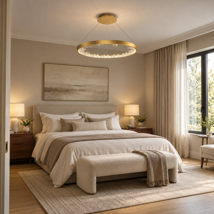 Modern Circle Crystal Chandelier Ceiling Mounted Metal Frame Integrated LED Lighting