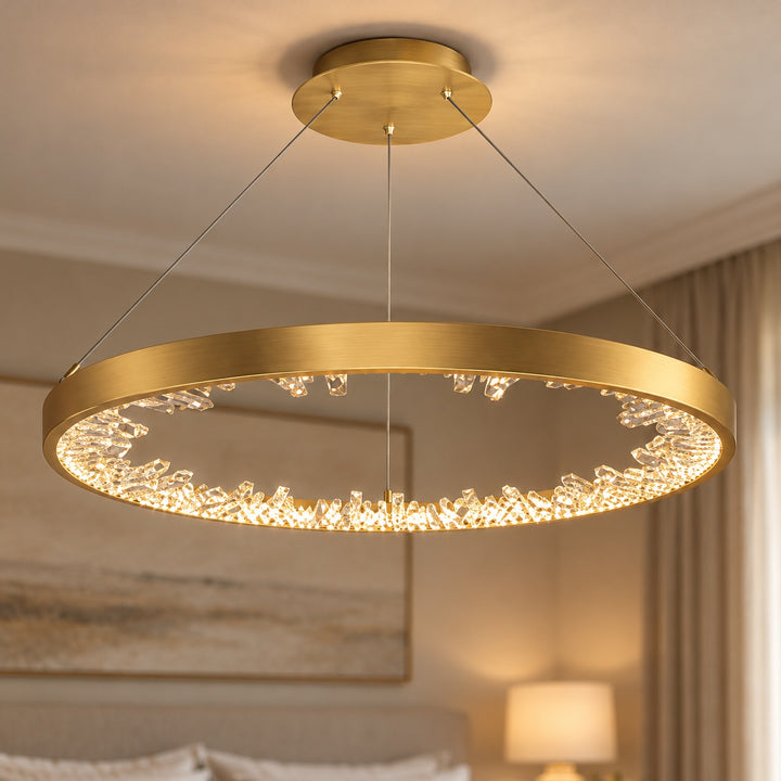 Modern Circle Crystal Chandelier Ceiling Mounted Metal Frame Integrated LED Lighting