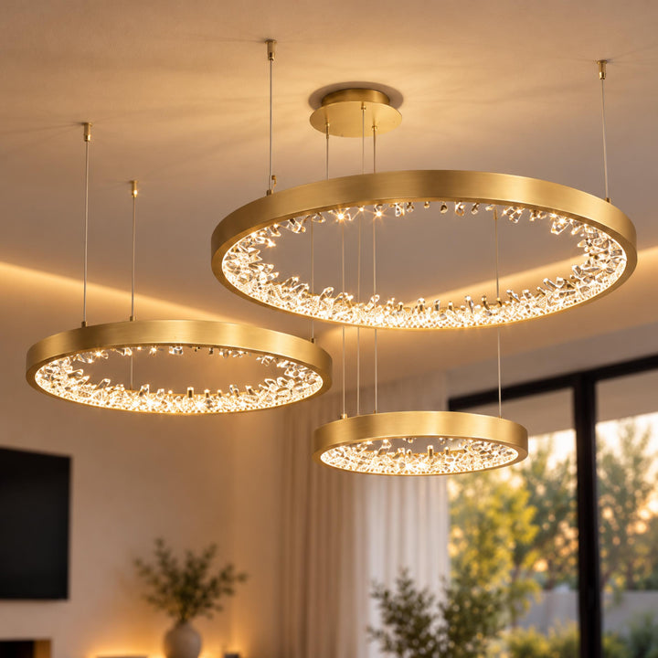 Modern Circle Crystal Chandelier Ceiling Mounted Metal Frame Integrated LED Lighting