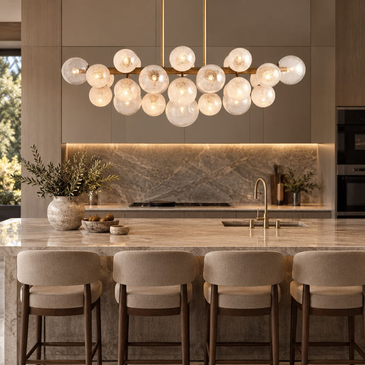 Modern Industrial Chandelier Light Adjustable Hanging Burnished Brass Steel with Hand-Blown Glass Globes